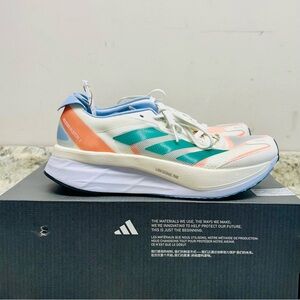 adidas Adizero Boston 11 White and Teal Running Shoes with Orange Accents